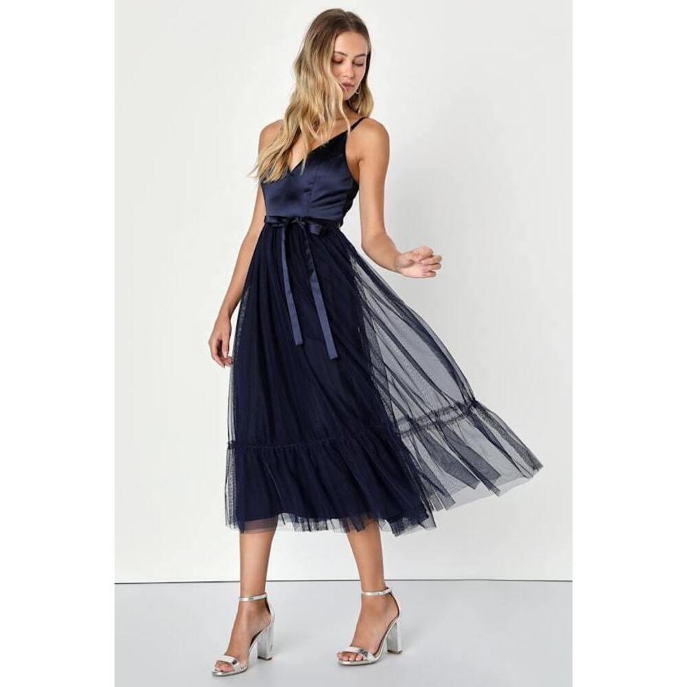 Lulus Splendid Charm Navy Blue Tulle Sleeveless Midi Dress - Size M